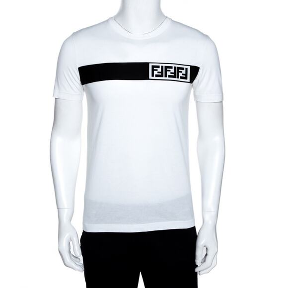 Fendi White Black Striped FF Logo Monogram Short Sleeve Cotton T-Shirt Large L - Picture 3 of 15